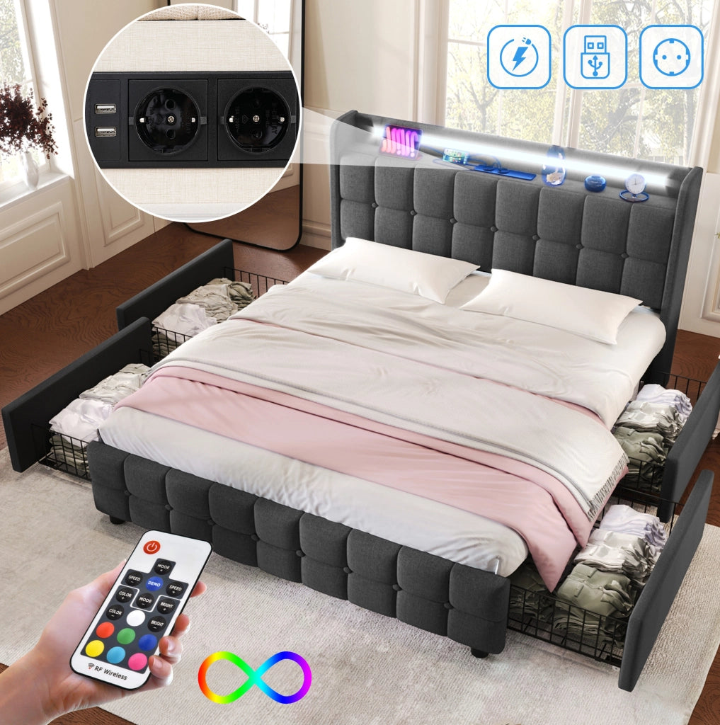 Letto matrimoniale 160x200 cm con 4 cassetti; LED e prese USB; grigio