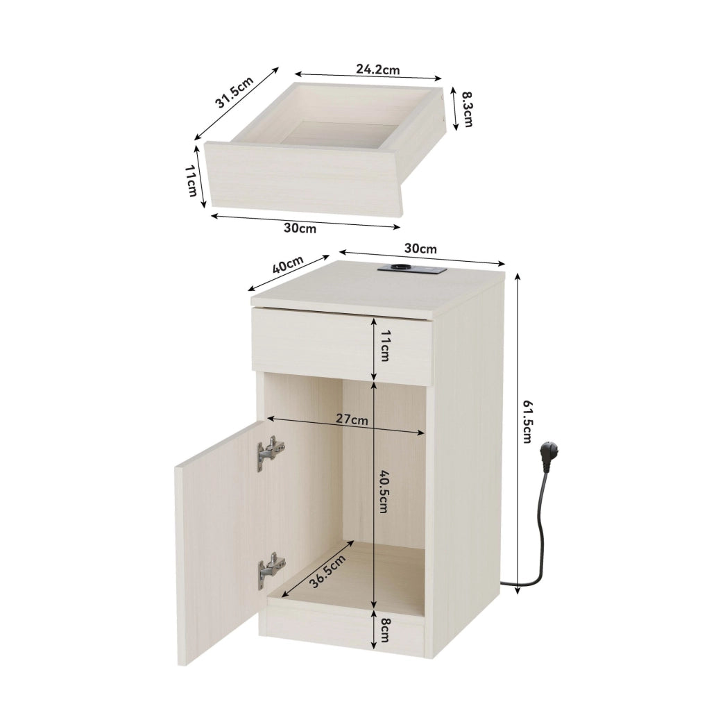 Comodino bianco MDF con USB, USB-C e presa, 33x40x61,5 cm