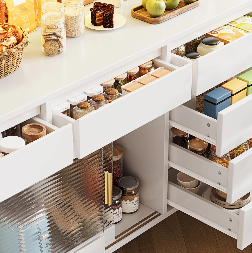 Mobile alto da cucina 145x39x171 cm con ante scorrevoli, LED RGB e vetro rigato bianco HAVRYA