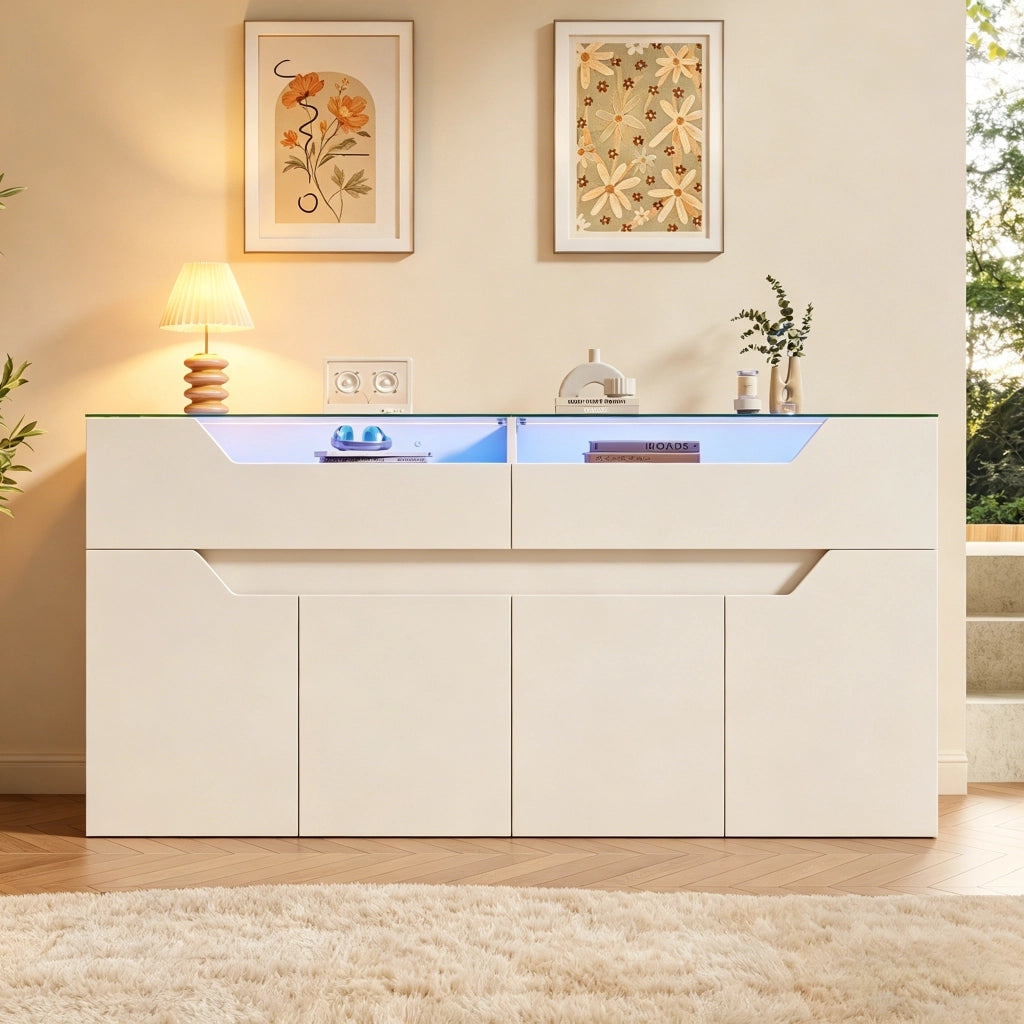 Madia con 2 cassetti e ante in MDF bianco; vetro temperato e illuminazione LED controllabile tramite app 140 × 40 × 70 cm