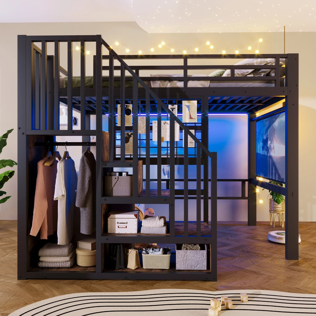 Letto a Soppalco 140x200 cm in MDF e Metallo con Guardaroba; Scala Contenitore; LED; Scaffali; Nero