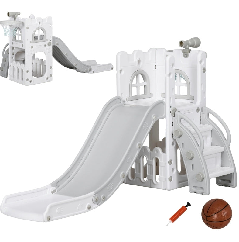 Scivolo per bambini 5 in 1 grigio con canestro, telescopio e vano portaoggetti pratico e sicuro