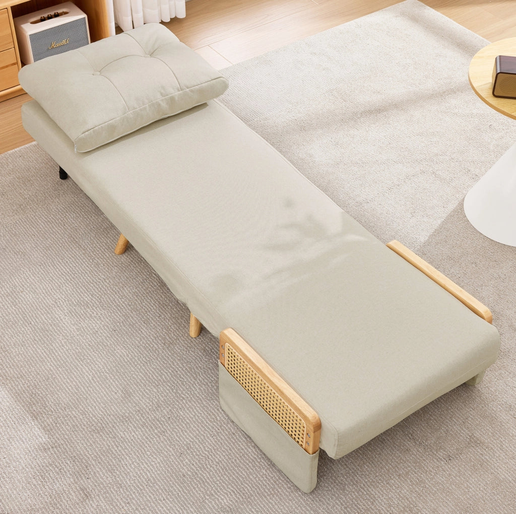 Poltrona letto 3 in 1 beige con schienale regolabile e braccioli intrecciati salvaspazio