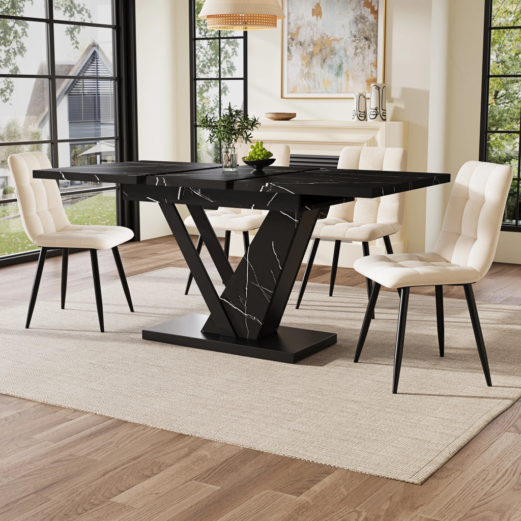 Tavolo allungabile con piano in MDF effetto marmo nero guide telescopiche e gambe regolabili 120 × 75 × 75.5 cm
