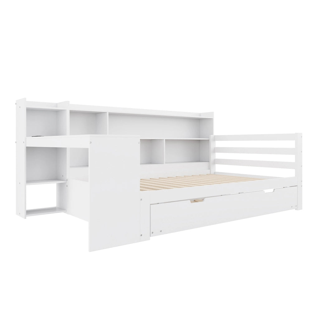 Letto multifunzione 90x200 cm in legno bianco con letto estraibile, scrivania e prese USB