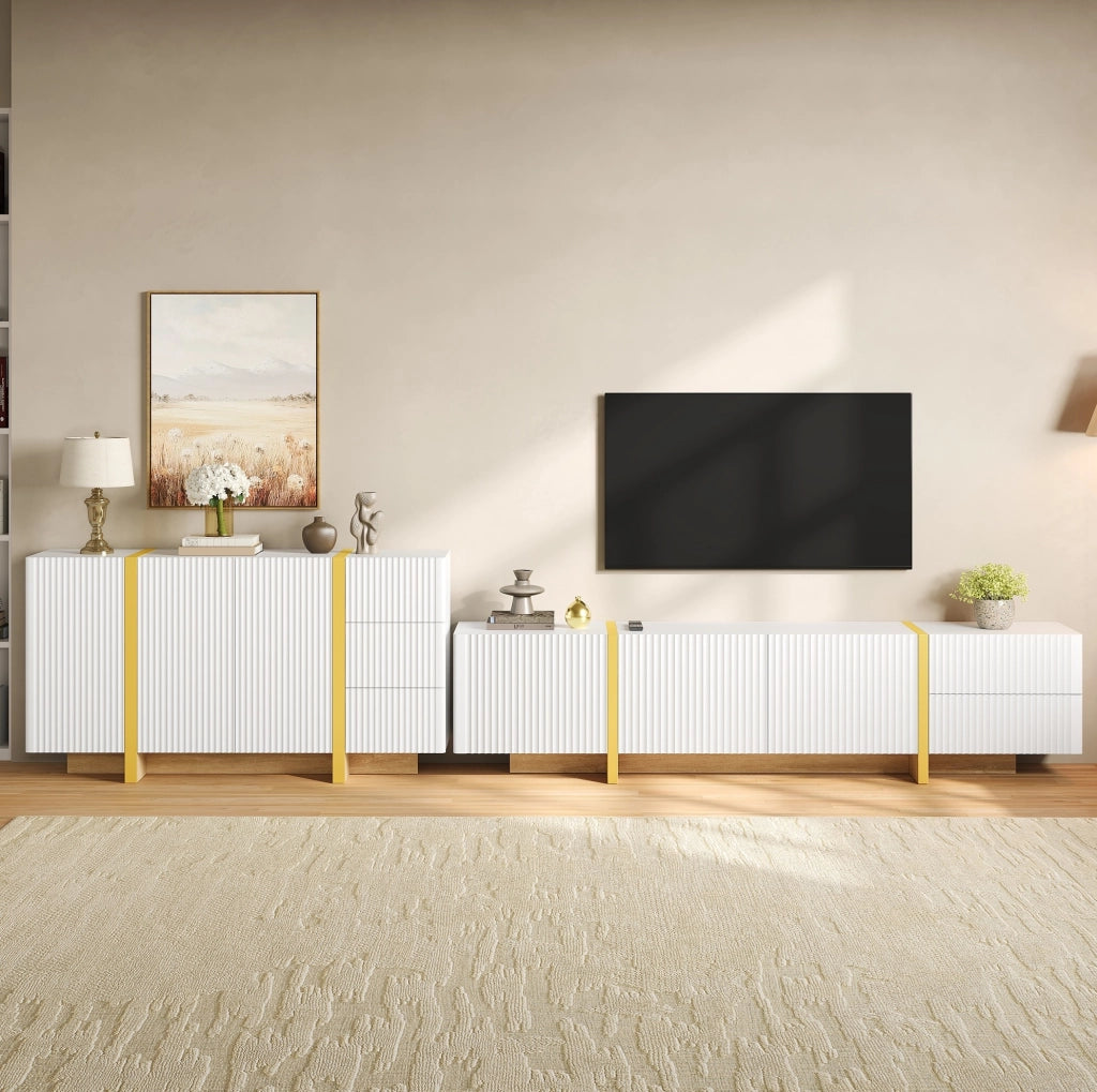 Combinazione mobile TV e sideboard ULEVR bianca con frontali scanalati, cassetti e vani chiusi, 190 cm