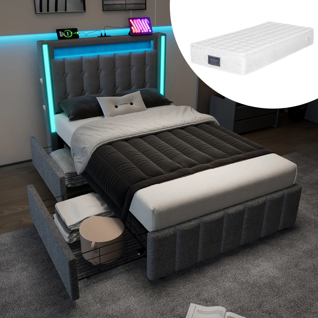 Letto Contenitore Singolo Imbottito 90x200 cm con LED; USB; USB-C; Cassetti; Grigio