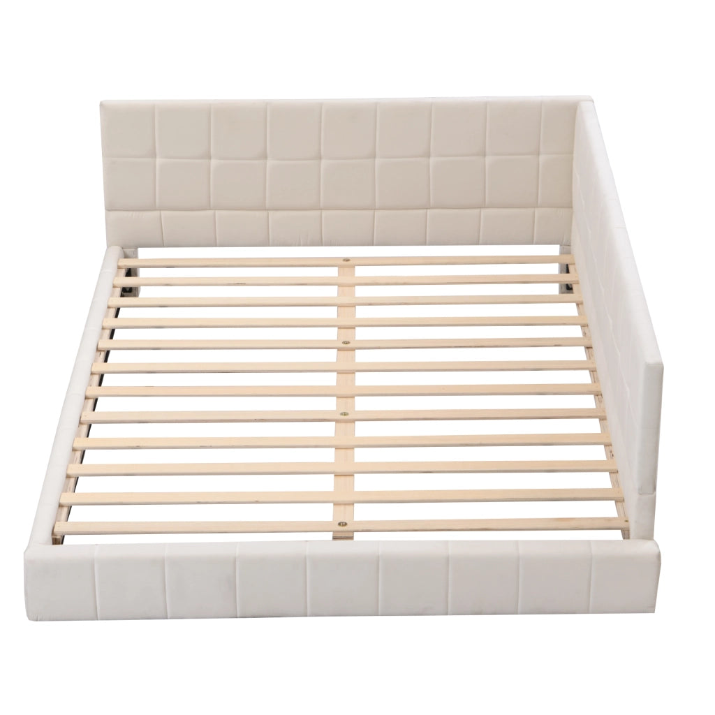 Letto imbottito matrimoniale 140×200 cm con rete; schienale e bracciolo; senza materasso; tessuto; beige