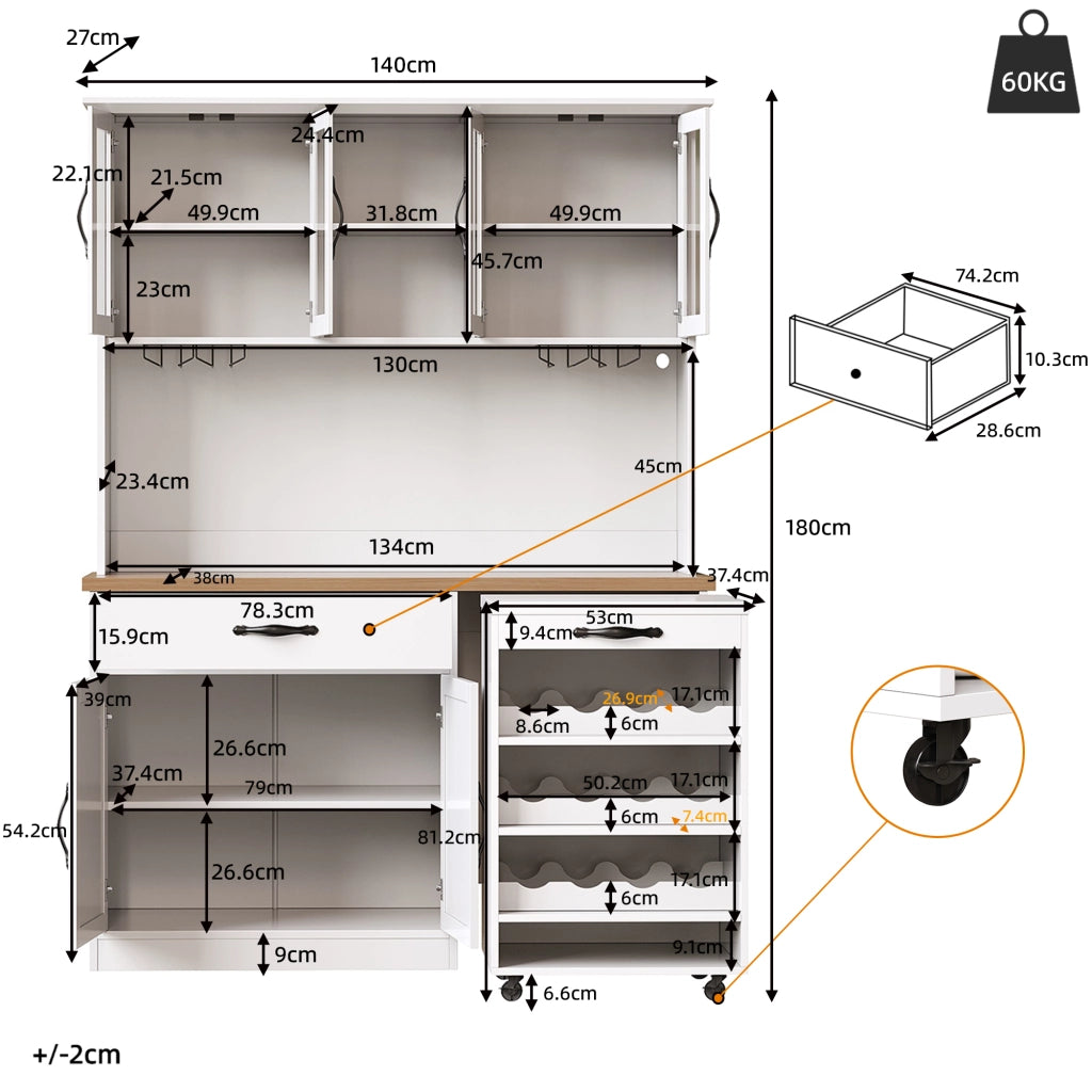 ARMADIO CUCINA con carrello estraibile 140x38x180 cm Bianco in MDF con LED