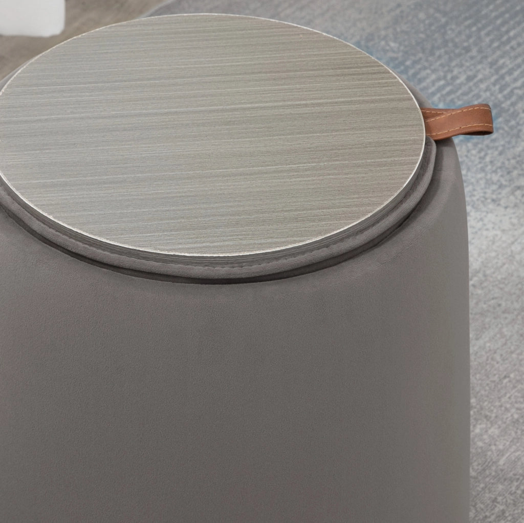 Pouf rotondo 2-in-1 con contenitore e rivestimento in velluto grigio scuro, Ø44 x 47,5 cm