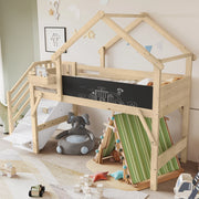 Letto a castello per bambini 90 × 200 cm con scala contenitore lavagna e tetto in legno bianco e naturale