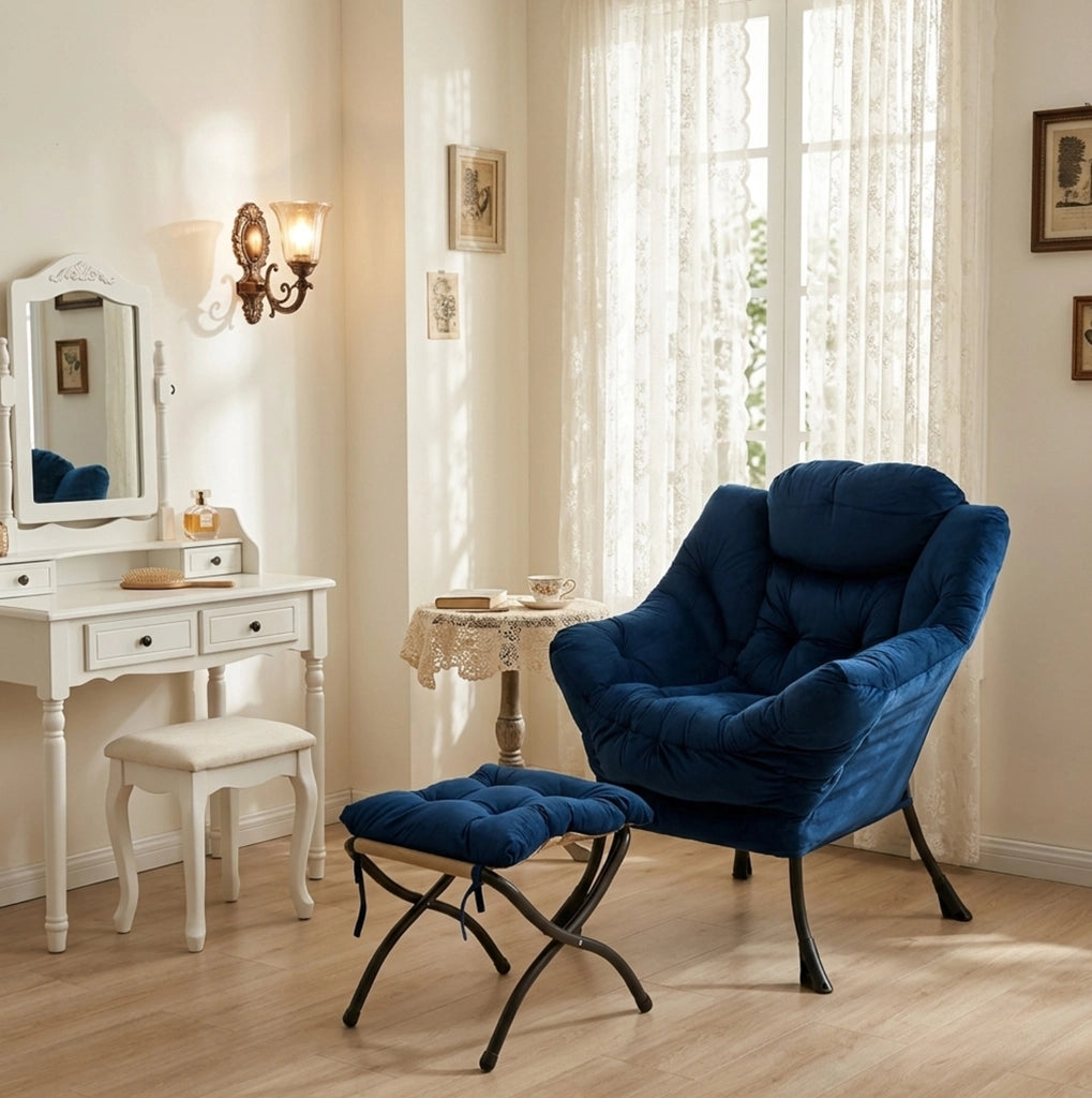 Poltrona relax con poggiapiedi blu scuro con supporto ergonomico e tasca laterale