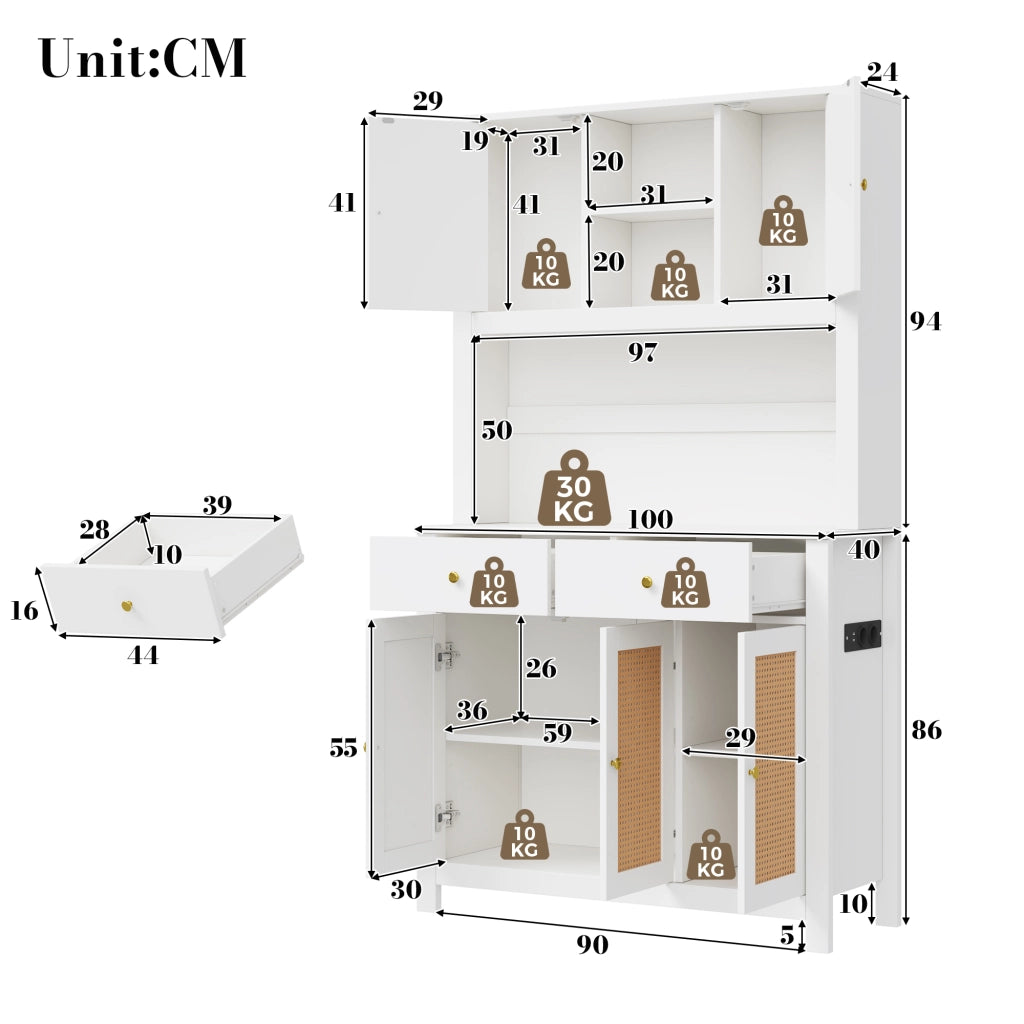 Armadio da cucina alto con LED RGB; prese integrate; ante in rattan; 2 cassetti; MDF bianco 100 × 40 × 180 cm