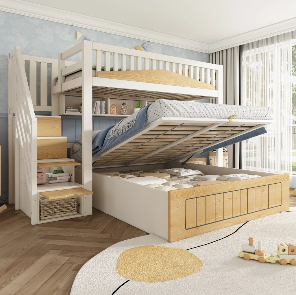 Letto a castello sfalsato in legno 90x200 & 140x200 cm con spazio idraulico, armadio a gradini, corrimano di sicurezza e USB-C, bianco e naturale, senza materasso
