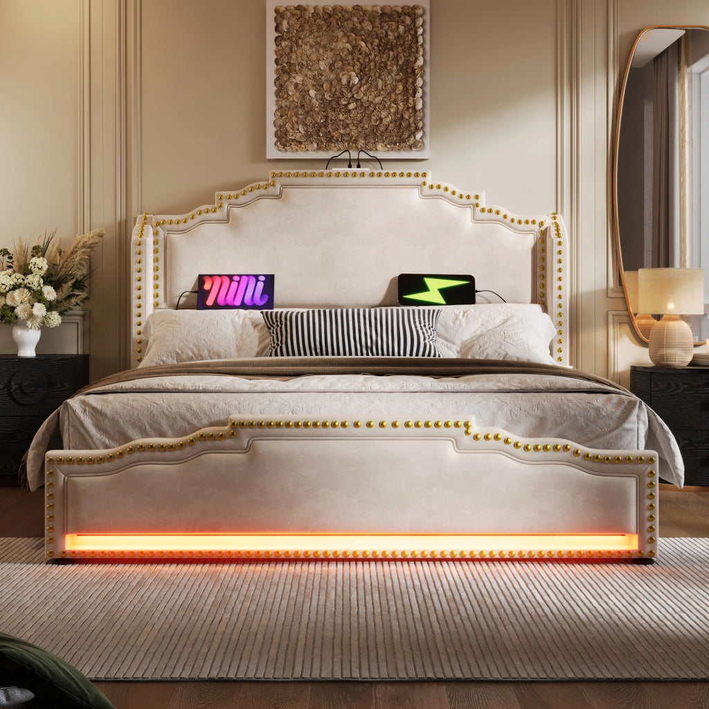 Letto matrimoniale 140 ¡Á 200 cm con quattro cassetti LED USB C in velluto beige con rete e materasso