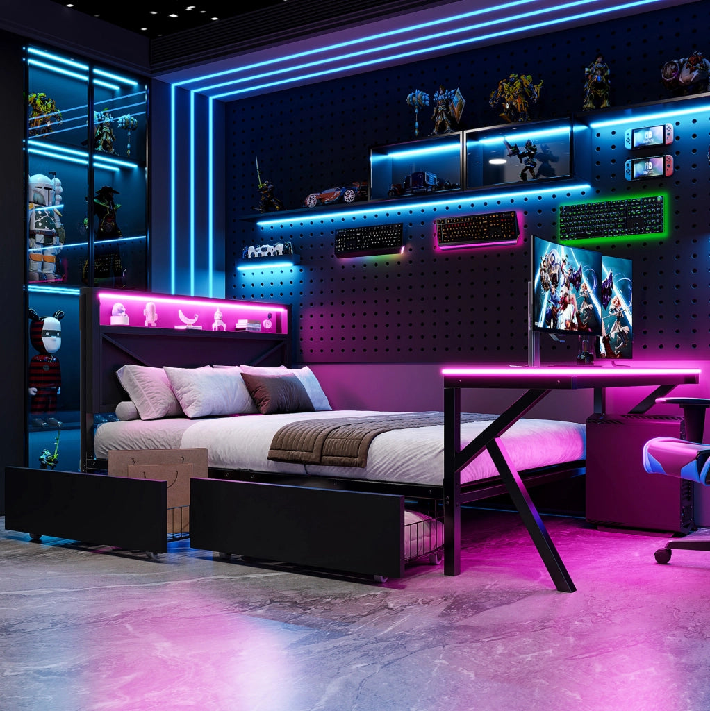 Letto piattaforma gaming 140x200 cm in MDF e metallo nero con LED e contenitori