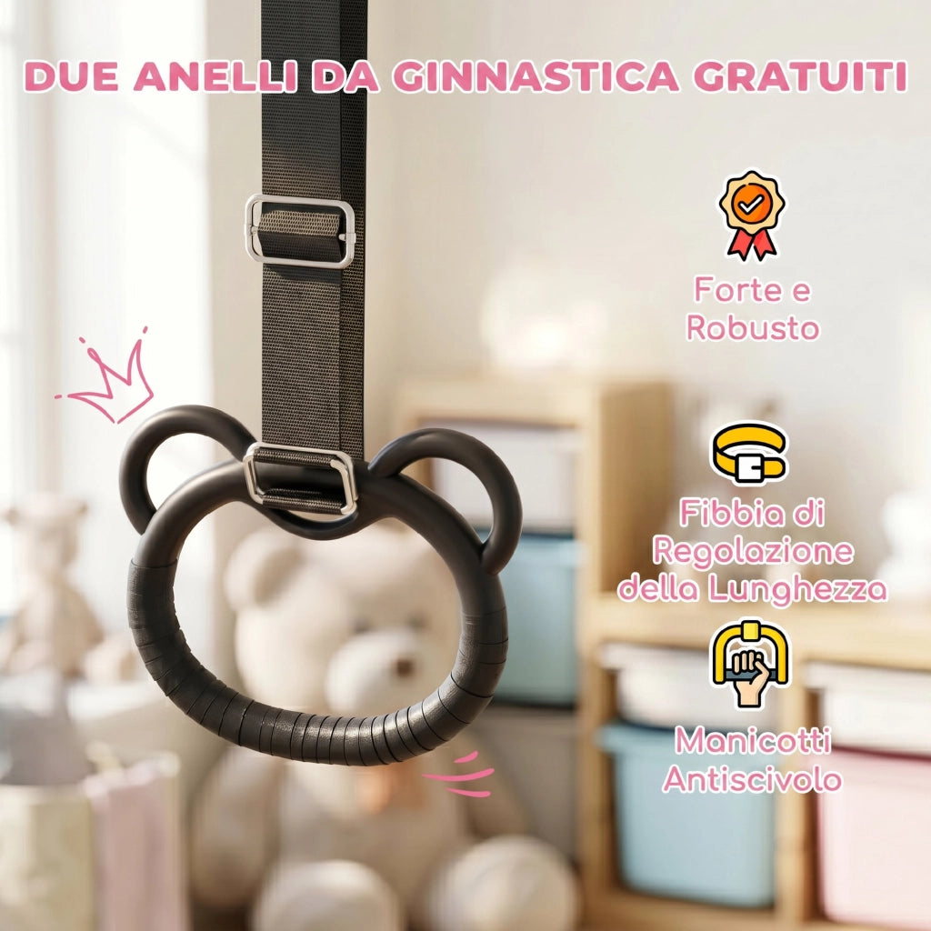 Sbarra da ginnastica artistica per bambini in acciaio rosa con 2 anelli, altezza regolabile e pieghevole, 148x105x88-128 cm, per casa