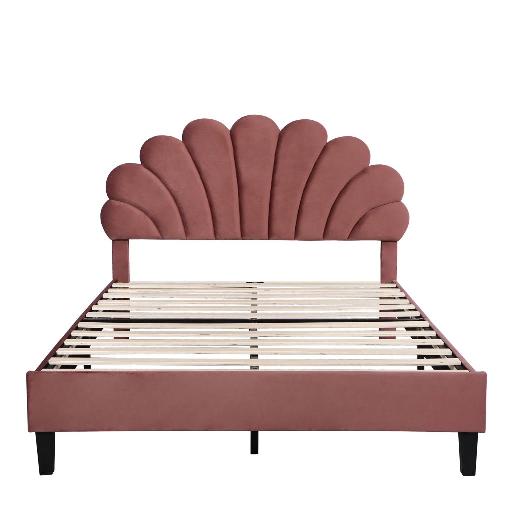 Letto matrimoniale imbottito 140 x 200 cm con testiera floreale; tessuto effetto velluto rosso fagiolo