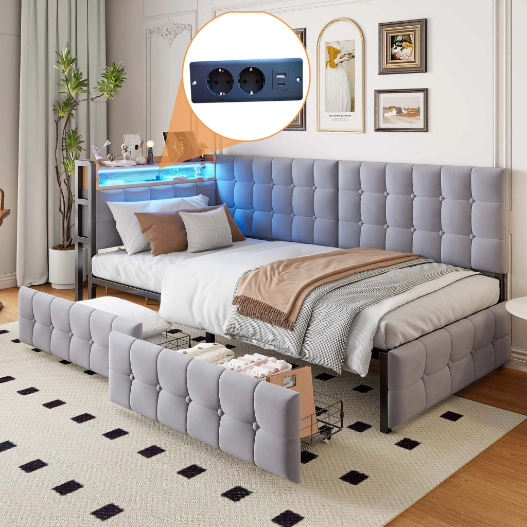 Divano Letto Singolo 90x200 Grigio con 2 Cassetti, Illuminazione LED e Prese USB/Type-C