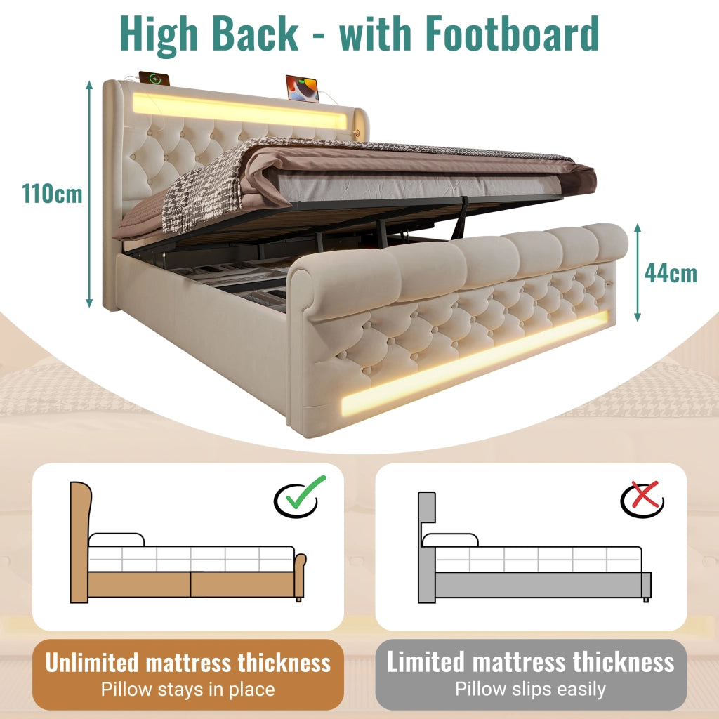 Letto matrimoniale 140×190 cm 2 posti con contenitore idraulico; LED; USB e porta tipo C; senza materasso; beige
