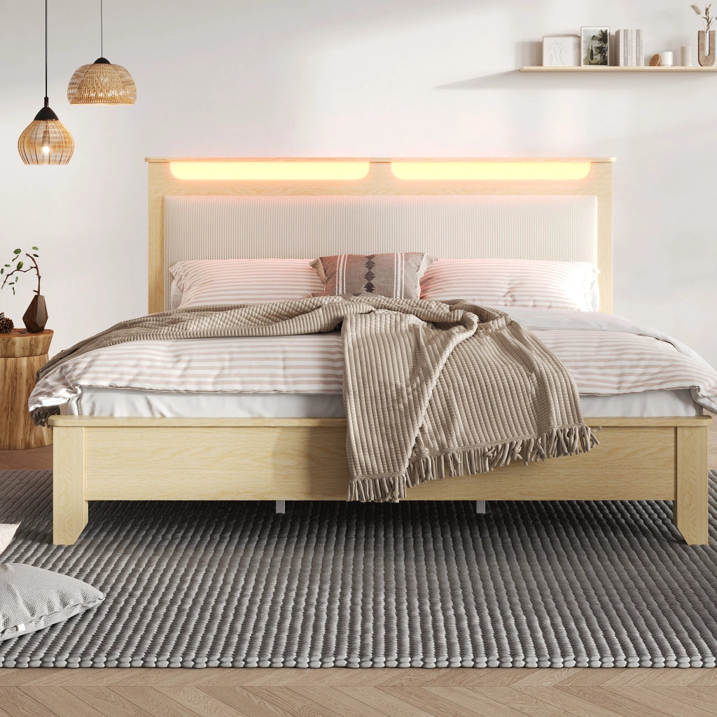 Letto matrimoniale con testiera LED illuminata e contenitore in legno e velluto a coste beige con rete a doghe
