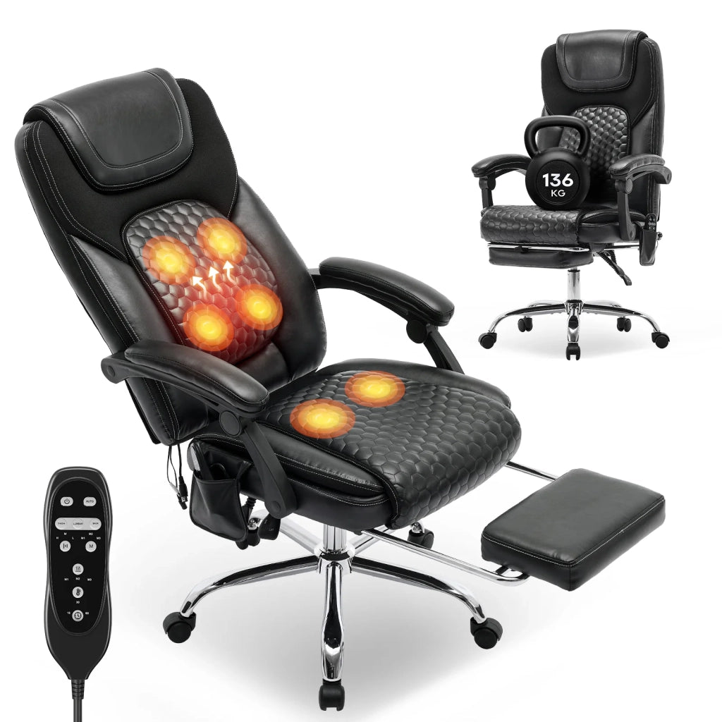 Sedia da Ufficio, Poltrona Ergonomica Massaggiante con 6 Punti Massaggio e Riscaldamento Lombare a 3 Livelli, Inclinazione Regolabile 94–125° con Poggiapiedi Estraibile, Nero