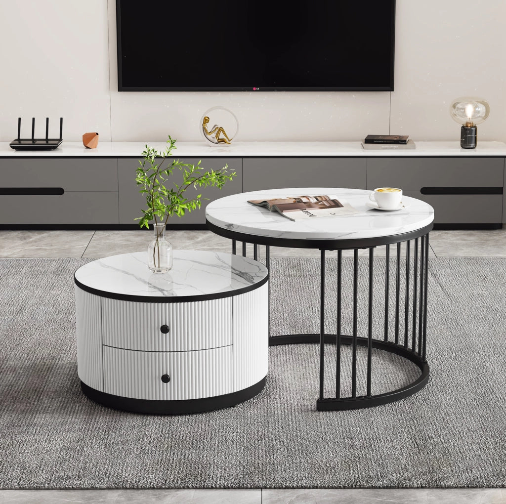 Set di 2 tavolini da caff¨¨ rotondi con 2 cassetti in MDF bianco e nero
