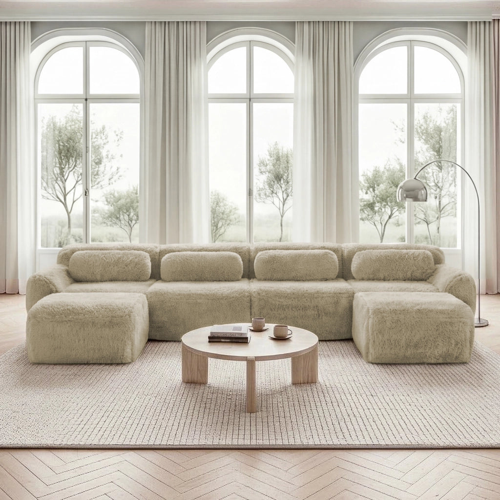 Divano panoramico modulare a U in tessuto peluche kaki chiaro con pouf collegabile e base antiscivolo senza montaggio