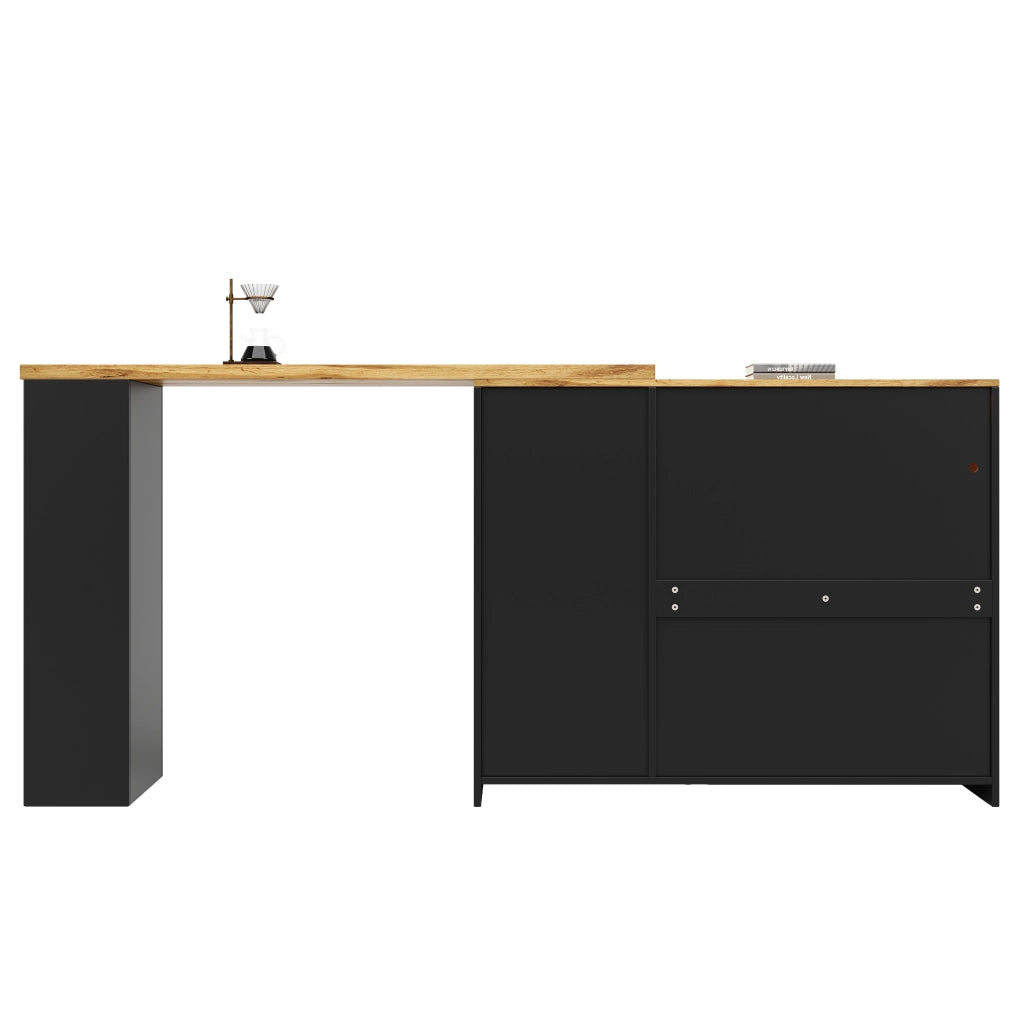 Tavolo da bar girevole 360掳 197 cm con mobile bar nero opaco; piano effetto legno; ante in vetro e LED