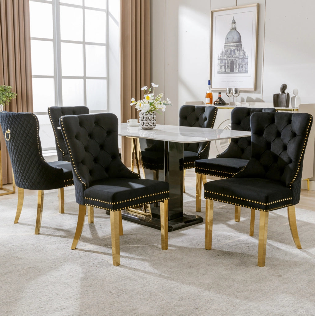 Set di 6 sedie da pranzo in velluto nero con gambe in acciaio inox dorato 50;5x45x95 cm