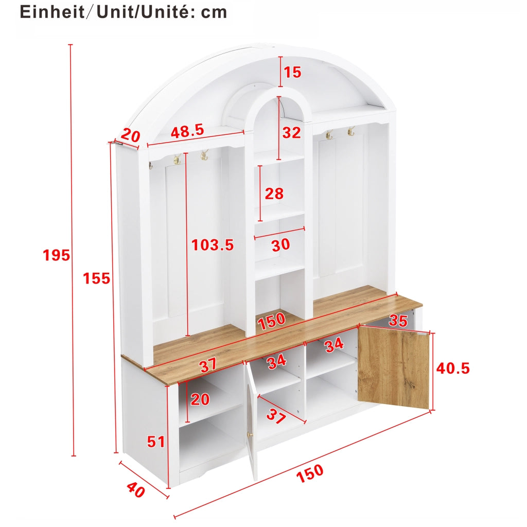 Mobile da ingresso con 2 Ante; 5 Vani; Ganci e LED per Ingresso in MDF 150 × 40 × 195 cm Bianco