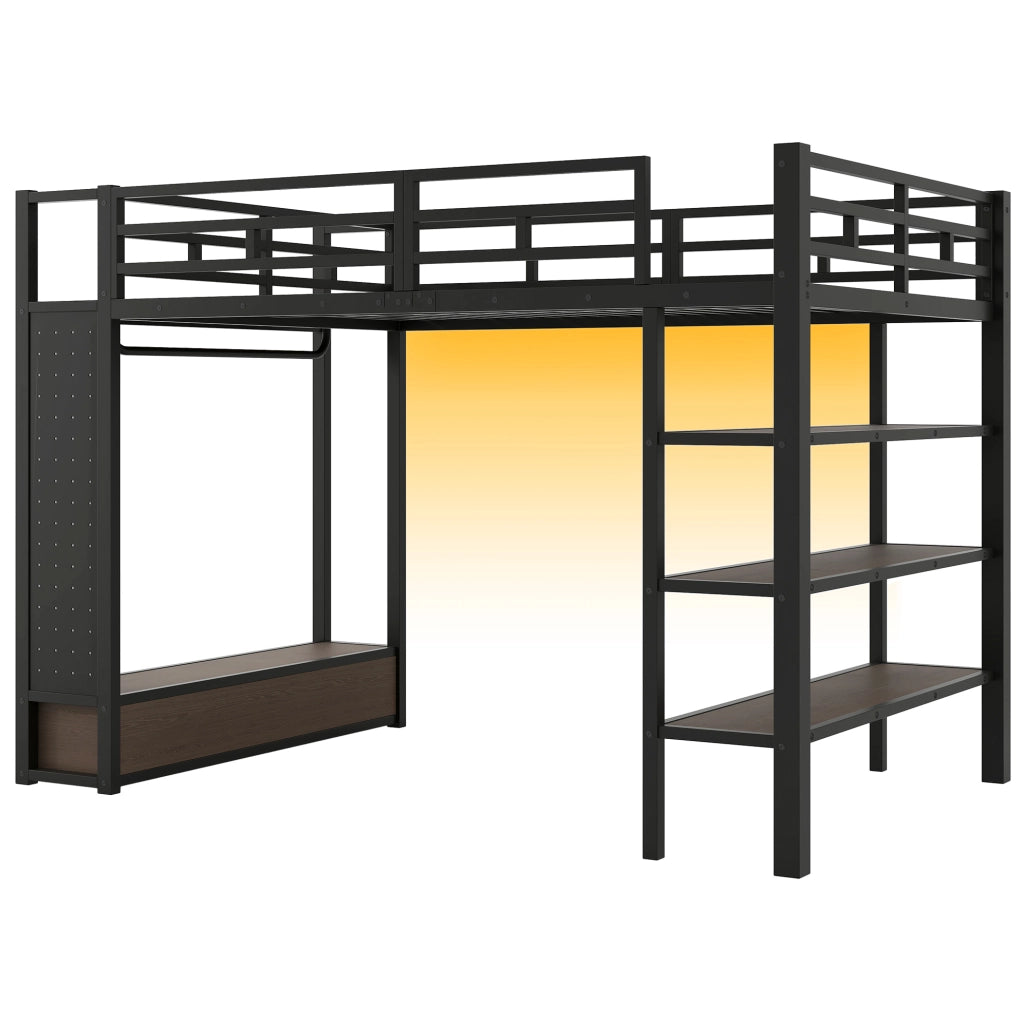 Letto a soppalco in metallo 140x200 nero con armadio aperto, ripiani, pannello forato e illuminazione LED