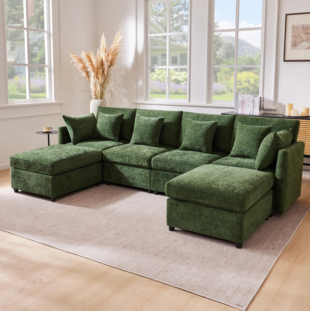 Divano modulare in tessuto Chenille con 2 pouf e 6 cuscini, trasformabile in forme a U e L, 278x161x81 cm, per soggiorno e appartamenti