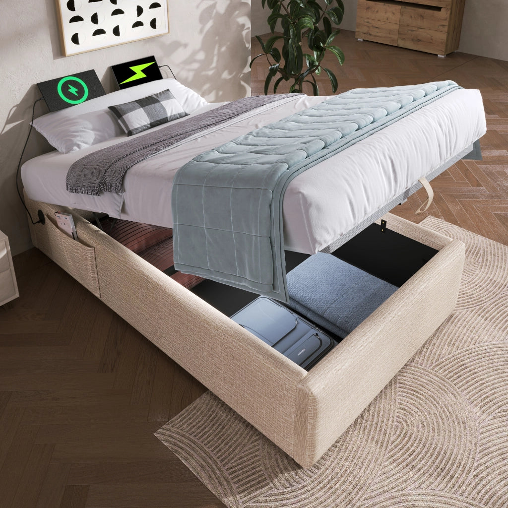 Letto contenitore singolo 90×200 cm con USB; Type-C e tasca laterale; senza materasso; in lino; naturale