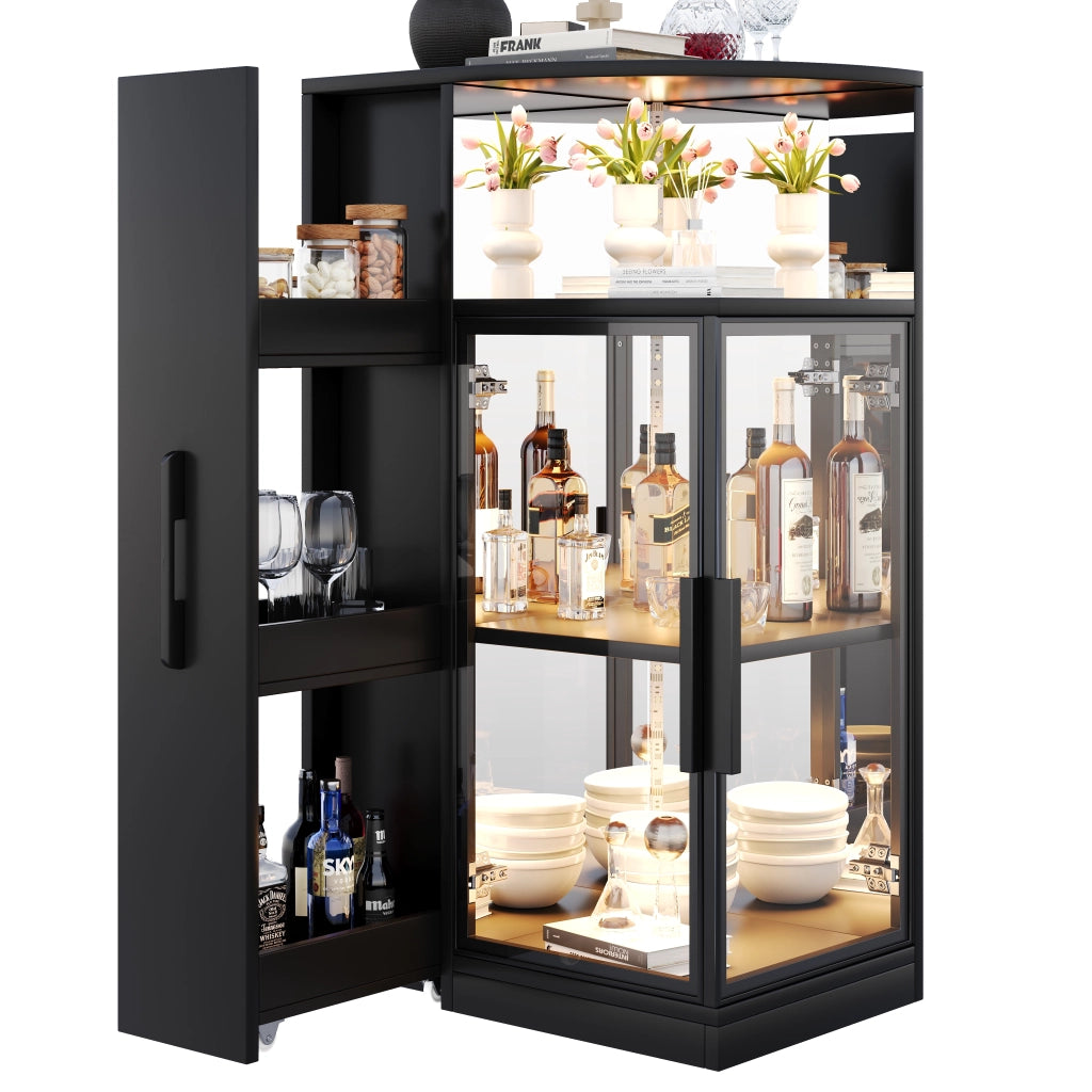 Vetrina 64x42x112 cm con mobile laterale estraibile e LED in vetro e truciolare nero