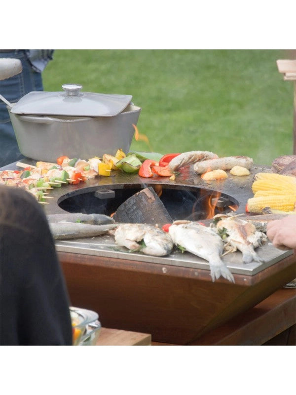 Braciere da giardino, Barbecue con griglia con foro per wok in acciaio - G1 corten