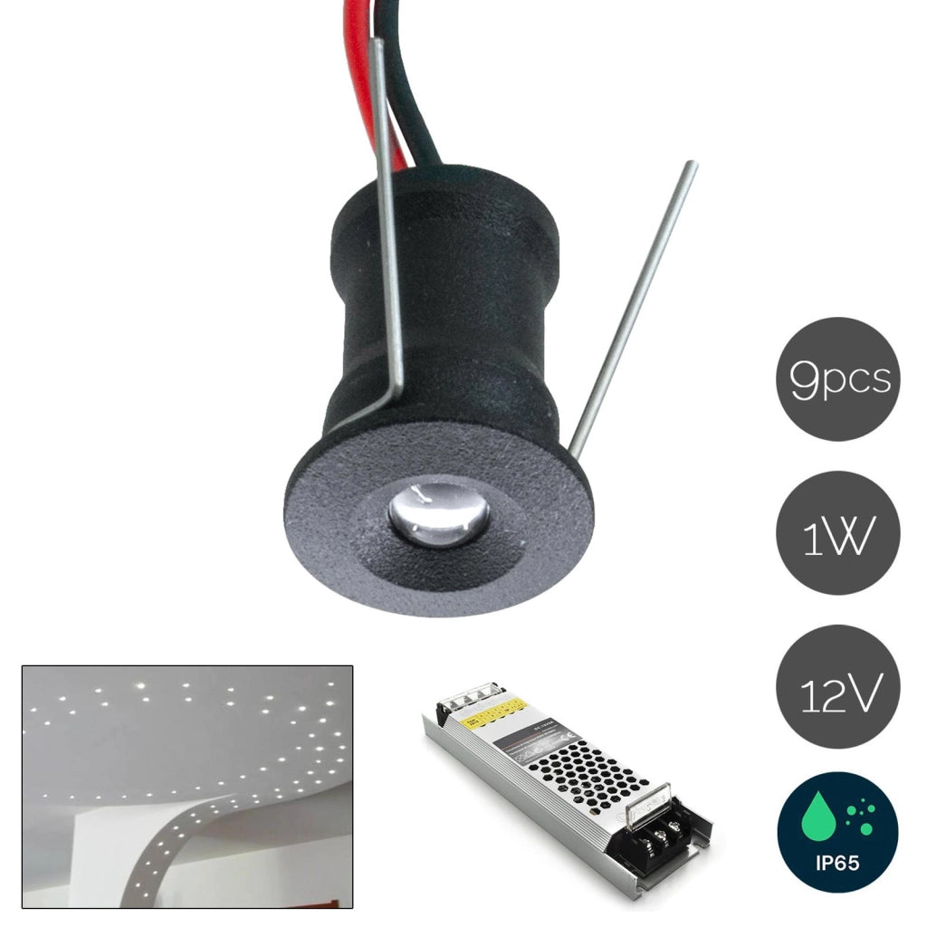 KIT 9pcs Mini faretto IP65 LED 1W resa 12W incasso punto luce box doccia cielo stellato segnapassi alimentatore colore BIANCO luce 3000K