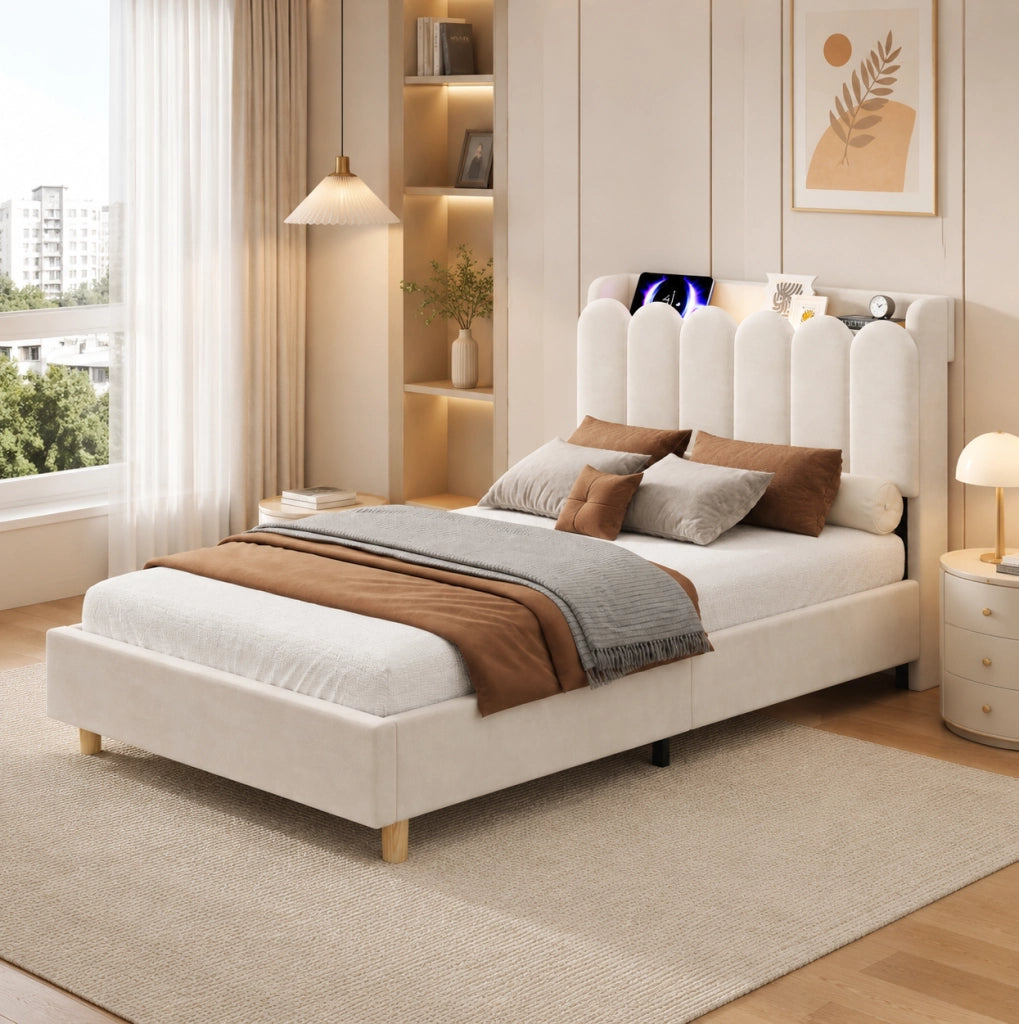 Letto singolo imbottito per bambini 90x200 cm in velluto beige con USB e luce