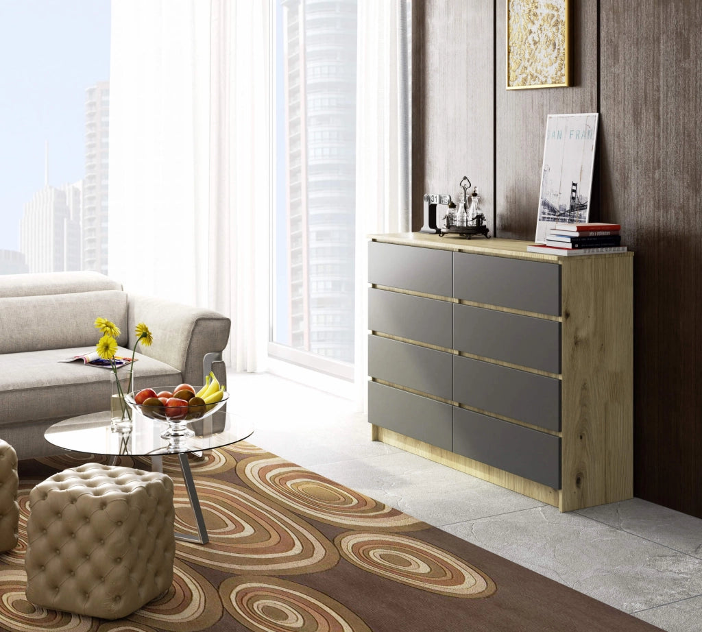 Cassettiera AKORD K140 Quercia Artisan 138 cm 8 cassetti inserto frontale Grigio Grafite 138x40x99 cm