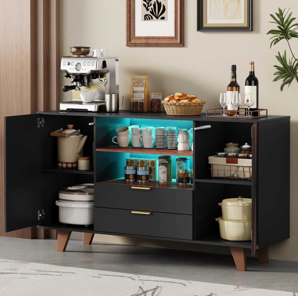 Credenza da cucina 150x40x90 cm con LED RGB; 2 cassetti e ripiani regolabili in MDF; naturale e nero