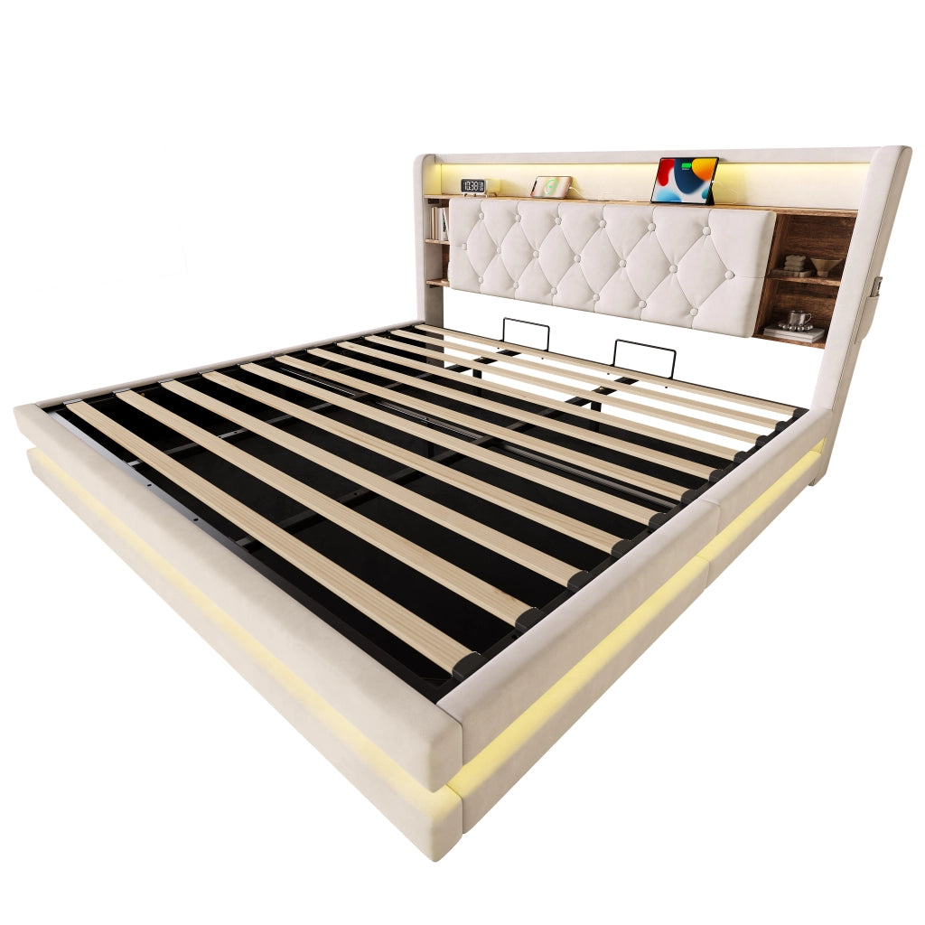 Letto contenitore 180 × 200 cm con testiera multifunzione LED USB e Type-C rivestito in velluto beige