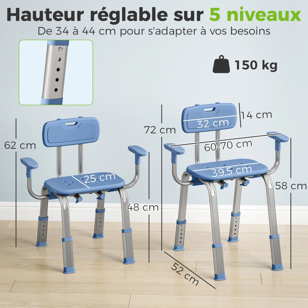 Sgabello da doccia ergonomico con braccioli e schienale regolabili ¨C Minimal ¨C blu