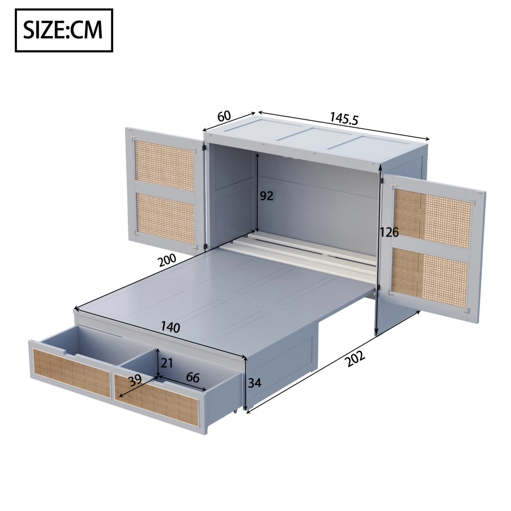 Letto a scomparsa 140 × 200 cm con cassetti e vano sottoletto in legno grigio con ante in rattan