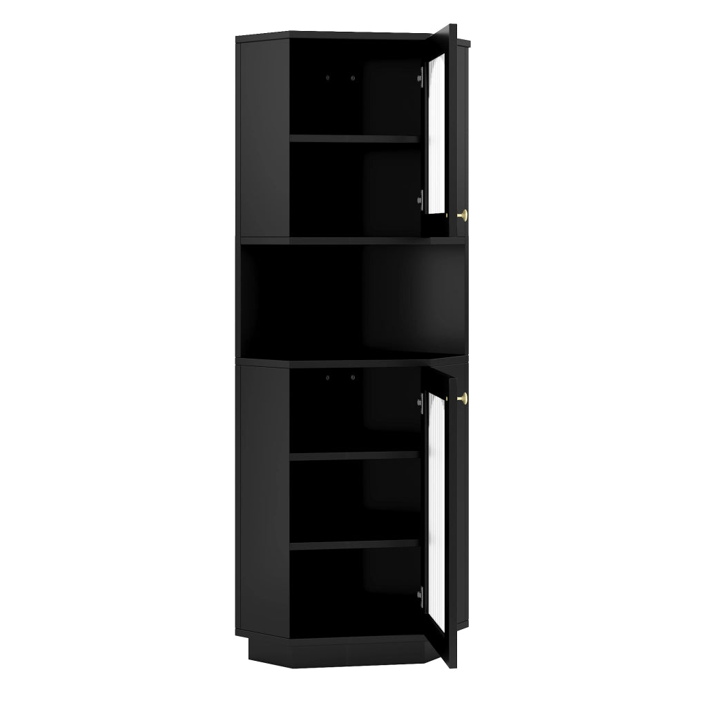 Mobile da bagno angolare nero con luci LED, 45x45x166,5 cm, con ripiani regolabili e vano aperto