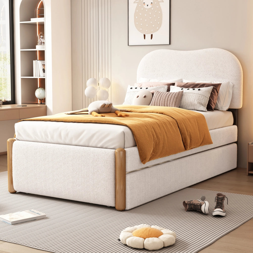 LETTO 90x200 cm con letto estraibile, rivestimento Plush, bianco