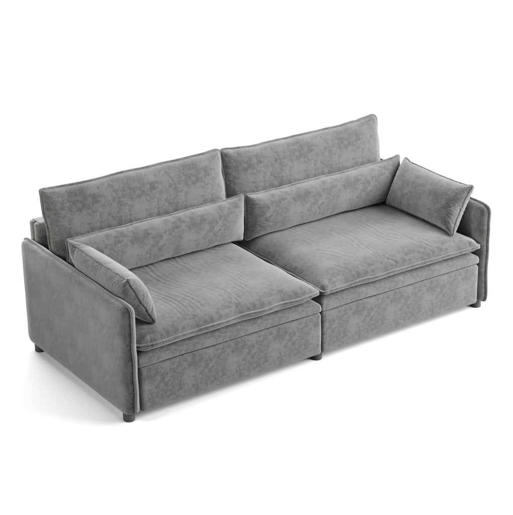 Divano letto 3 posti 206 cm in chenille con vano contenitore, schienale regolabile e cuscini bracciolo mobili, colore grigio chiaro