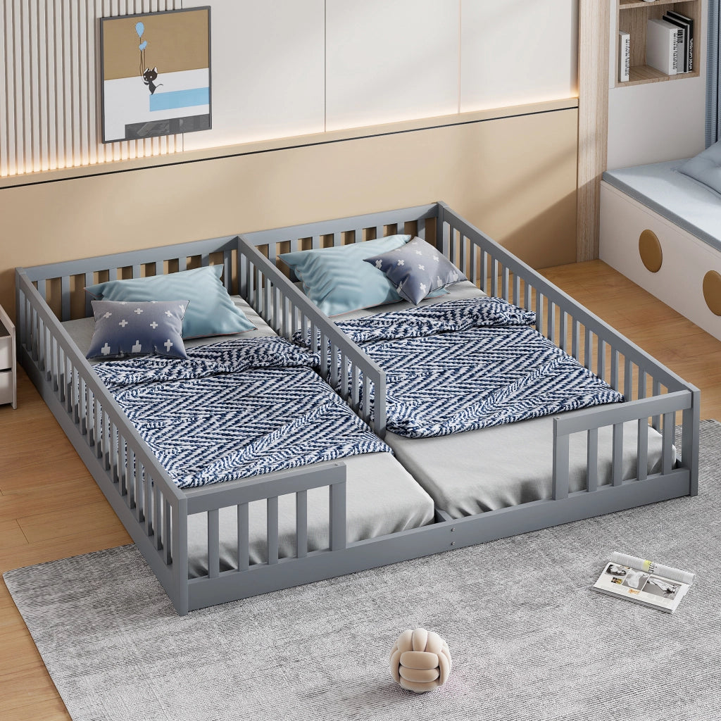 Letto per bambini 2 posti; 2 piani 90×200 cm con barriere di sicurezza; senza materasso; in pino e MDF; grigio