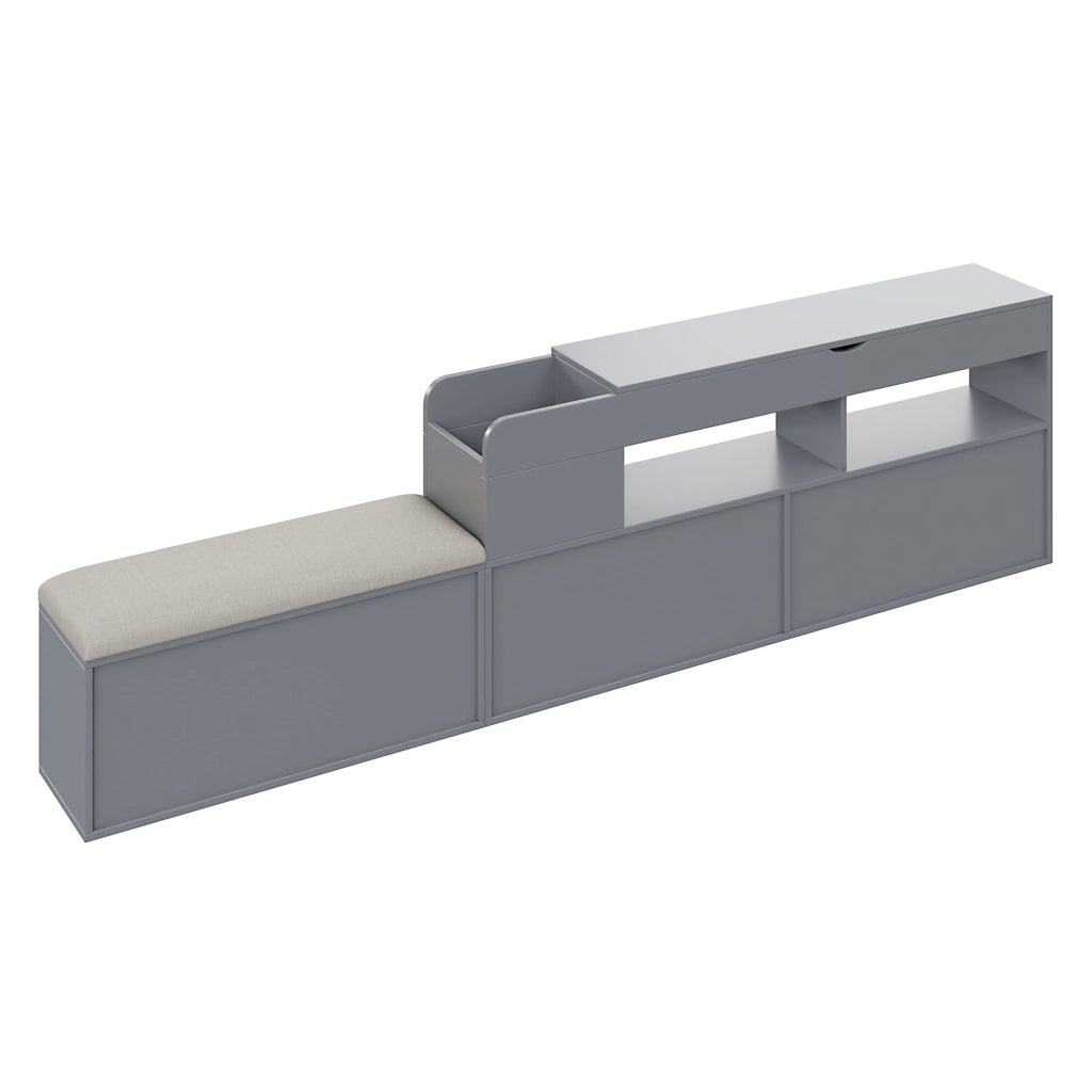 Letto con cassetti 140 × 200 cm con testiera imbottita e vani contenitore in legno grigio con rete a doghe