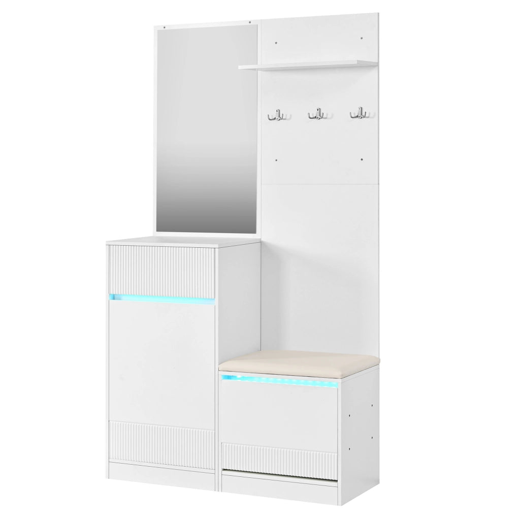 Mobile da ingresso con scarpiera, panca, specchio, ganci e LED controllabile tramite app, bianco, 105 × 38 × 190 cm