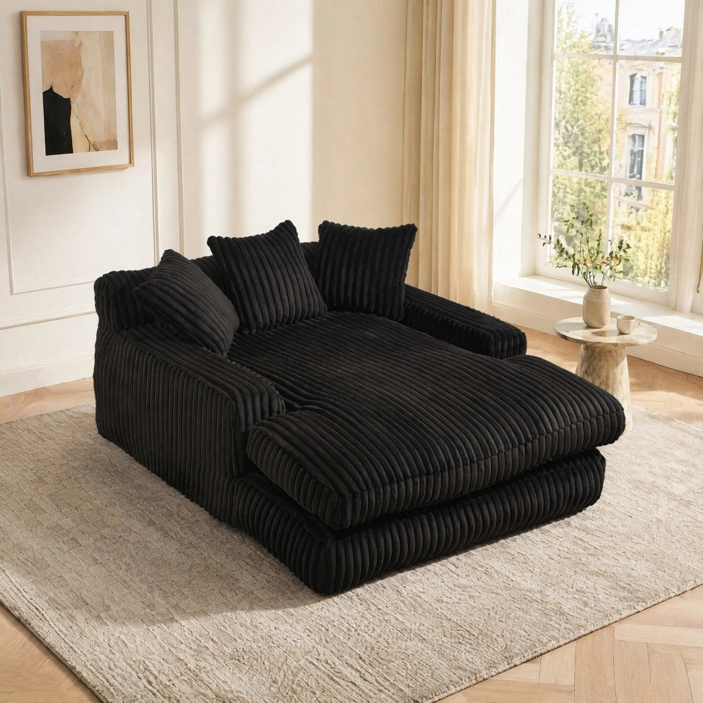 Chaise longue da interno 125x155x63 cm in velluto a coste nero con 3 cuscini